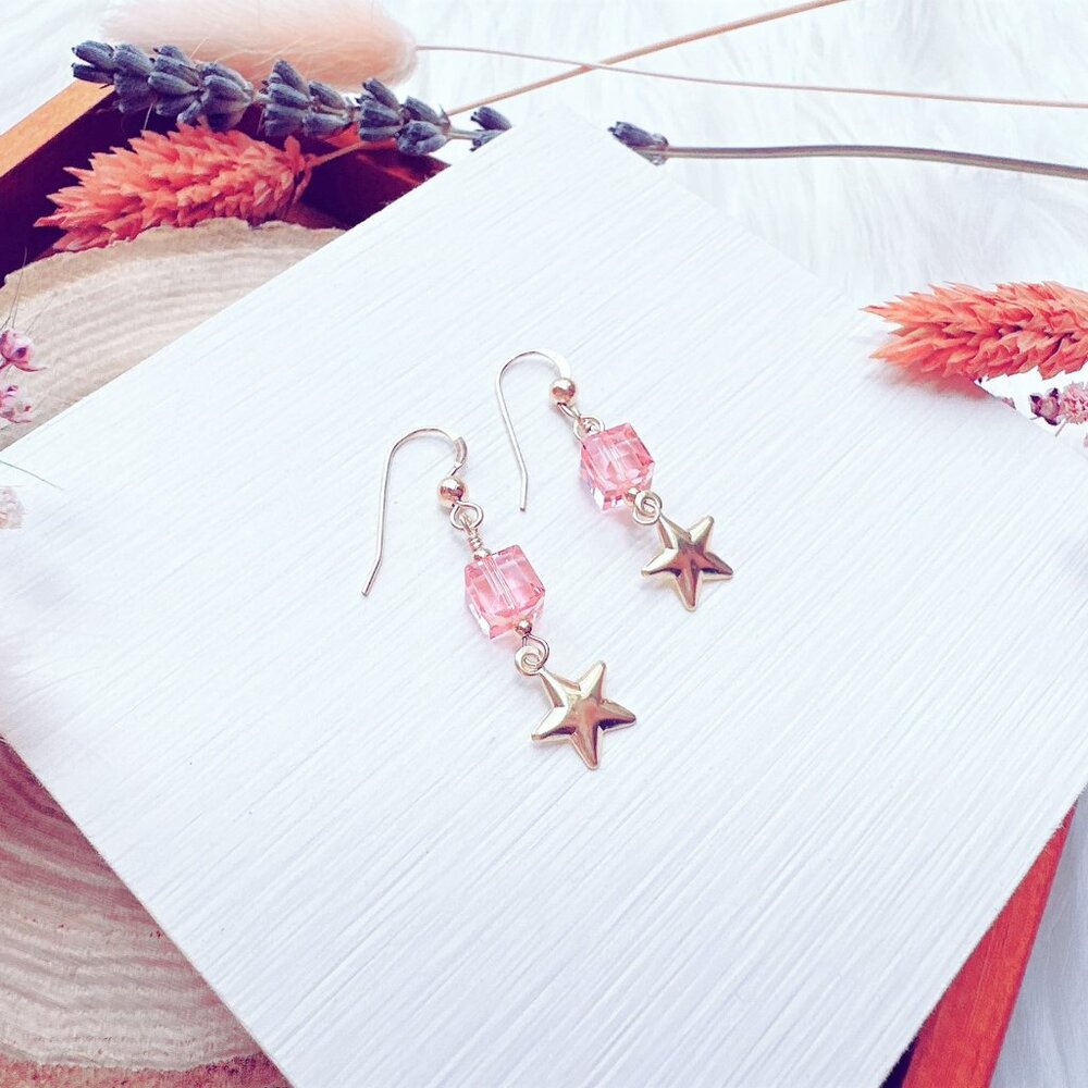 14k Gold-Filled Crystal Cube and Star Charm Earrings | Handmade in BC